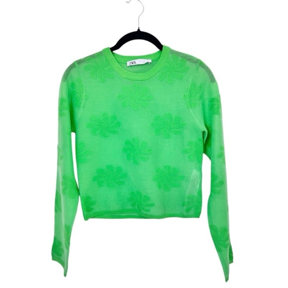 💚ZARA Green Crop Floral Pattern Long Sleeve Top Blouse Top - Picture 1 of 4